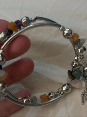 Boho Silver Tone Multi-Color Beaded Coil Bracelet